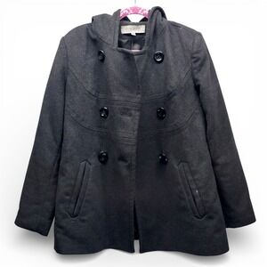 Anne Klein Pea Coat Womens Medium Grey Good Hooded Double Breasted Wool Blend